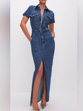 Good American Blue Denim Shirt Dress